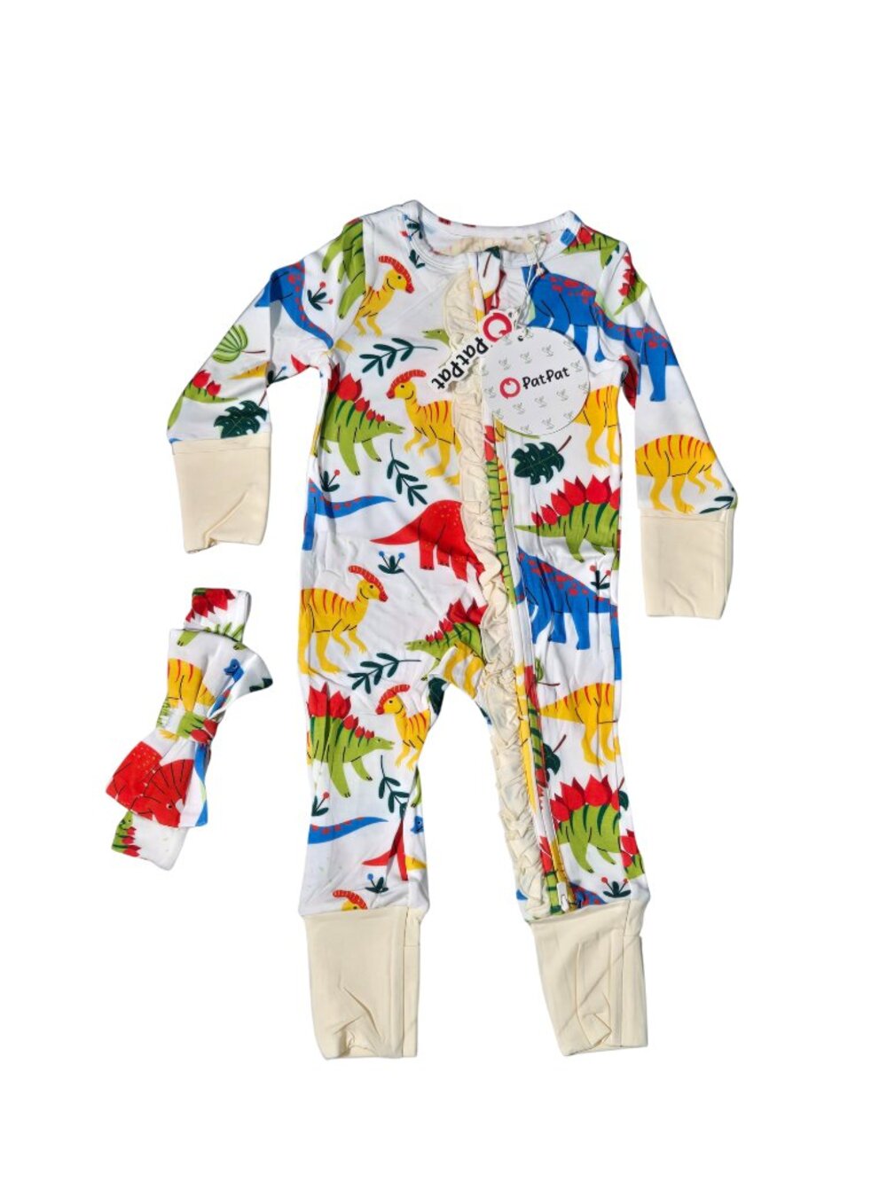NWT | PatPat Girls Colorful Dinosaur Ruffle Bamboo Onesie & Headband Set | 6-9M